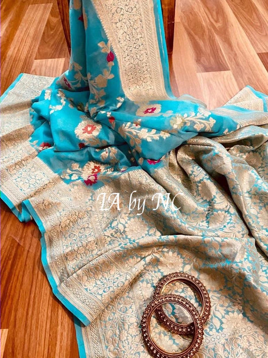 Azure Banarasi Pure Khaddi Georgette Meenakari Saree