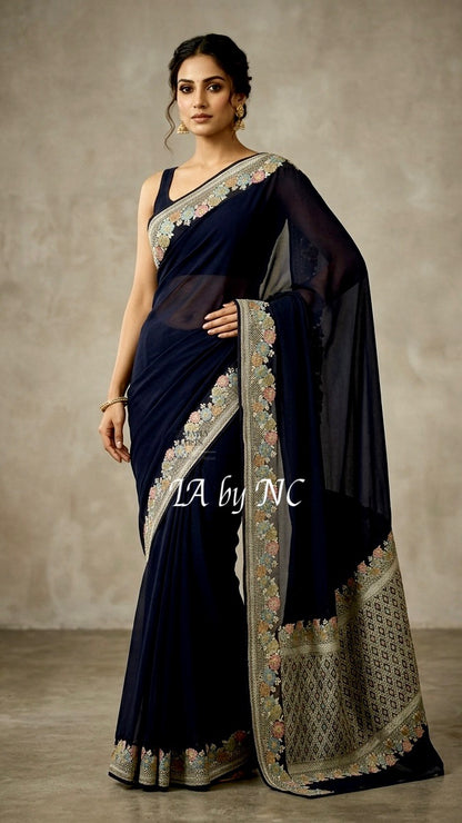 Black Banarasi Pure Khaddi Georgette Saree