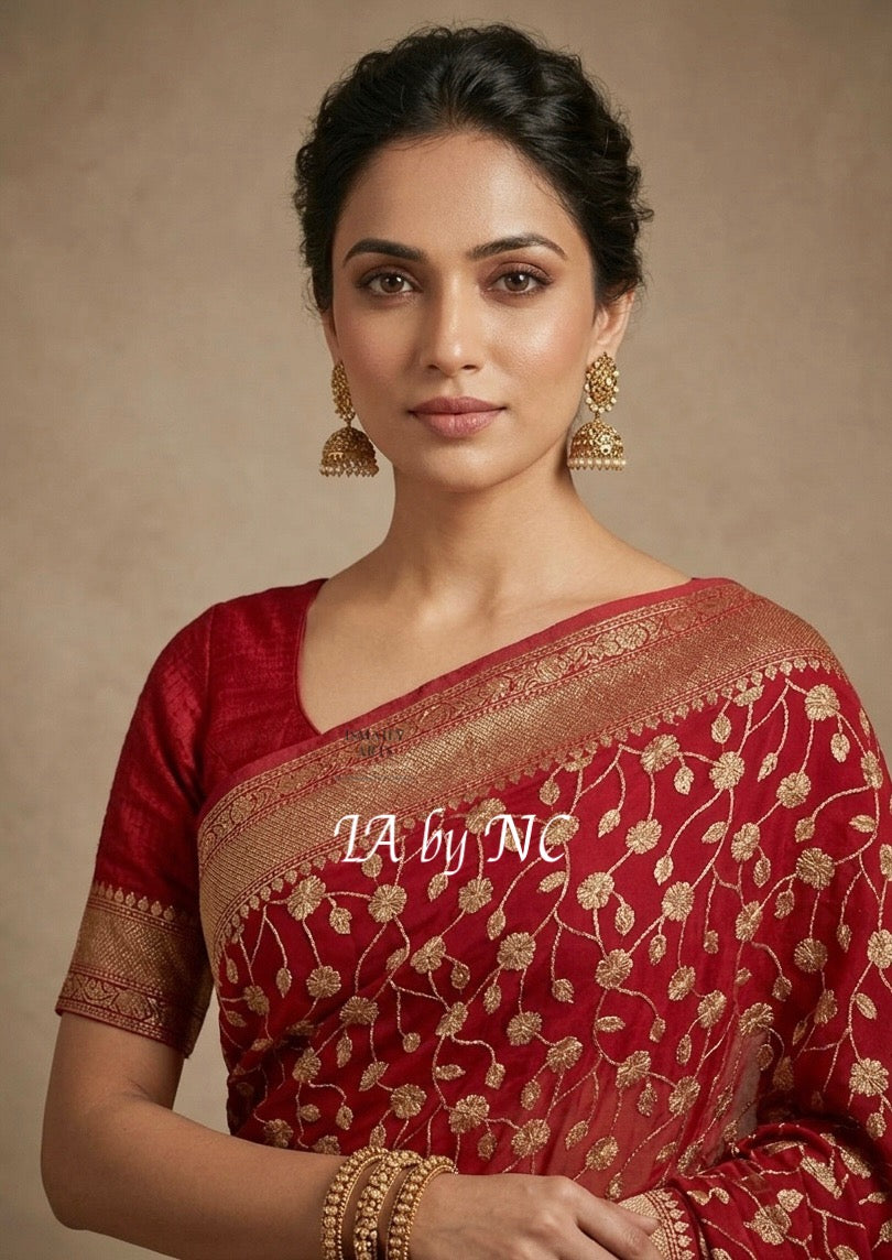 Carmine Banarasi Pure Khaddi Georgette Saree