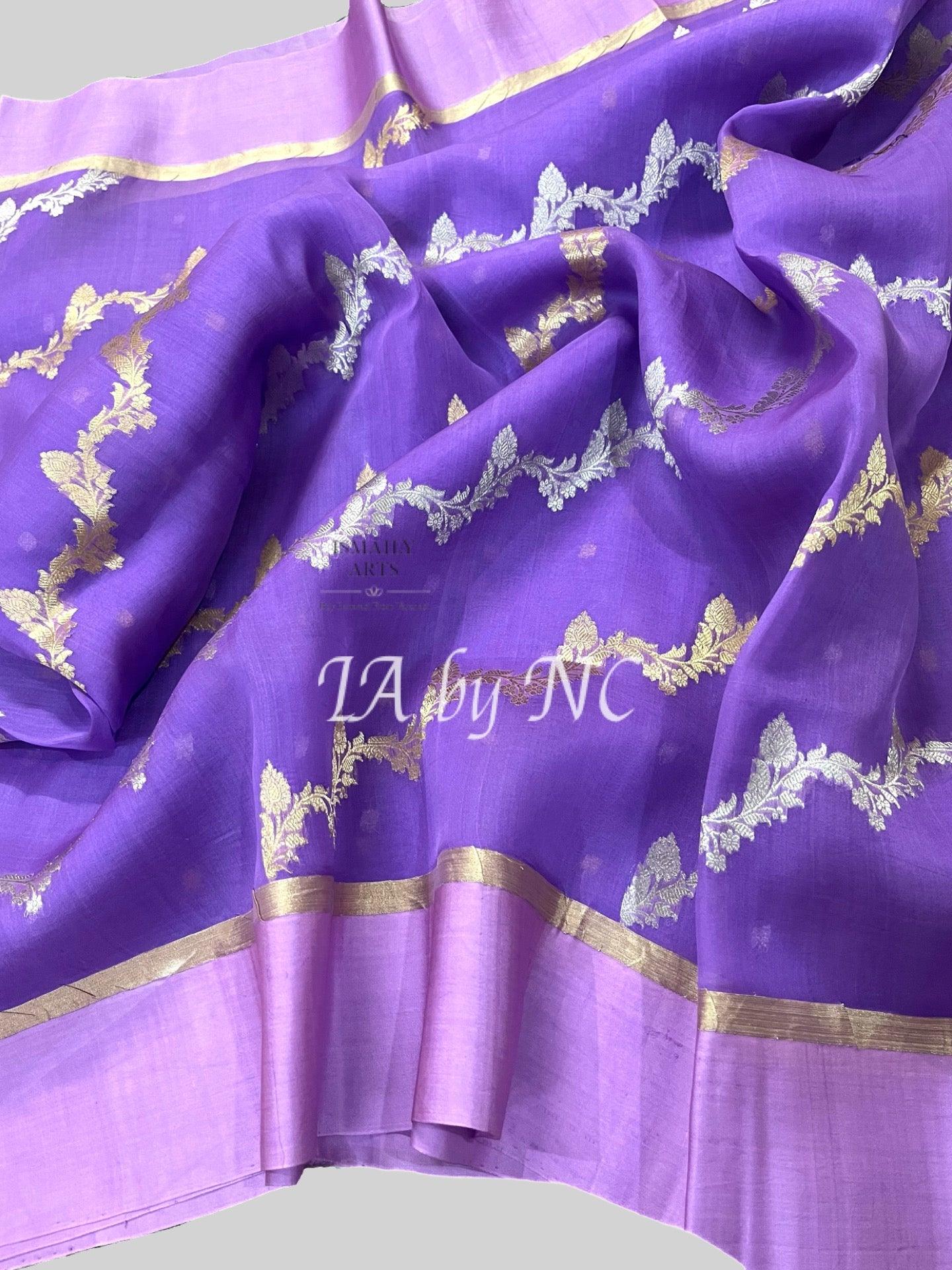 Grape Banarasi Pure Kora Organza Kadwa Saree