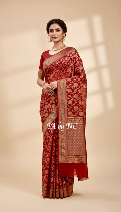 Carmine Banarasi Pure Khaddi Georgette Saree