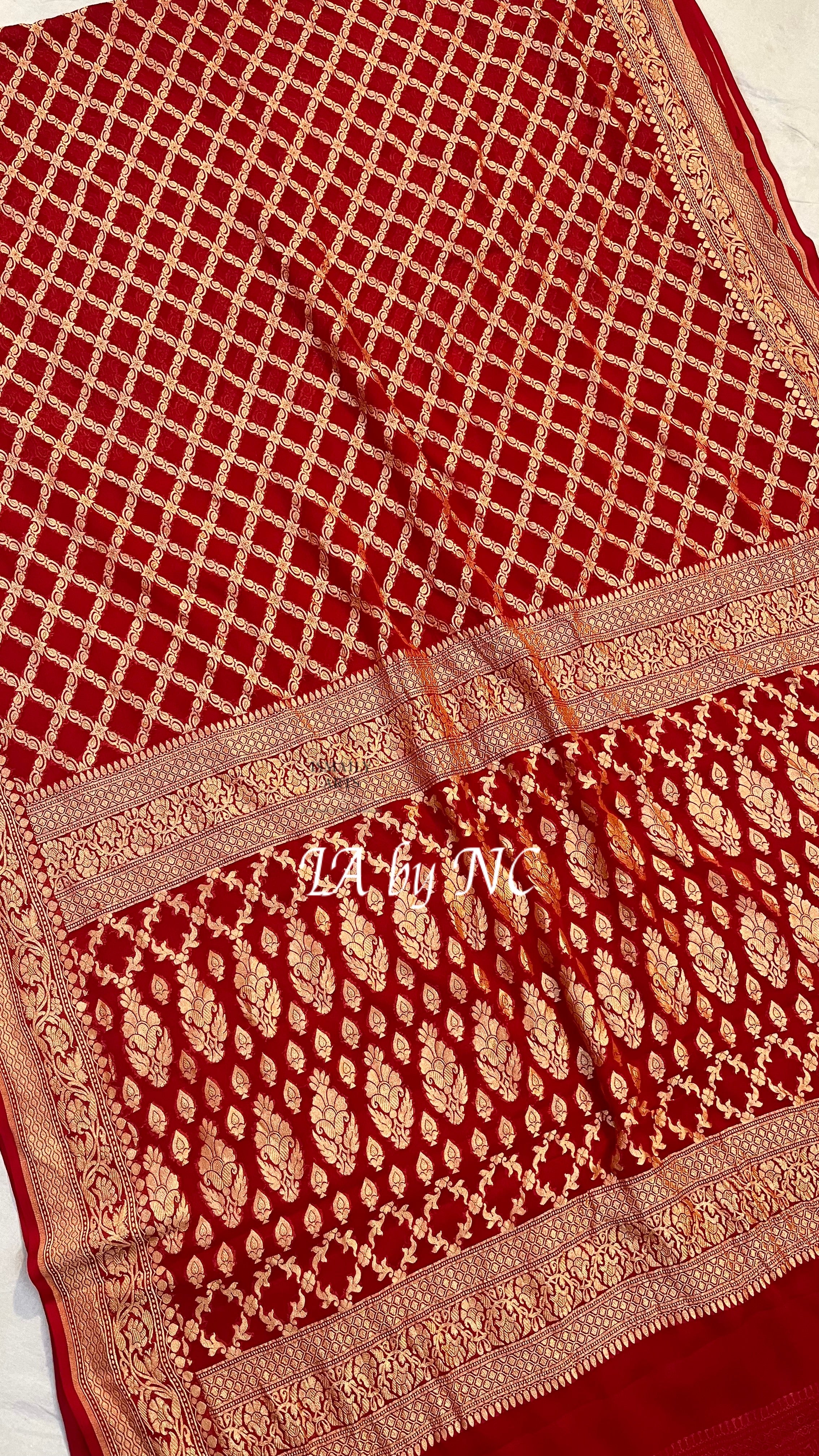 Crimson Banarasi Pure Khaddi Georgette Saree