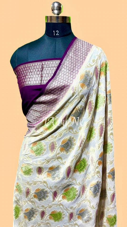 Off-white Banarasi Pure Khaddi Munga Saree