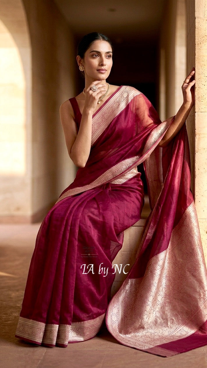 Cerise Banarasi Pure Tissue Silk Saree
