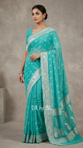 Turquoise Banarasi Pure Khaddi Georgette Kadwa Saree
