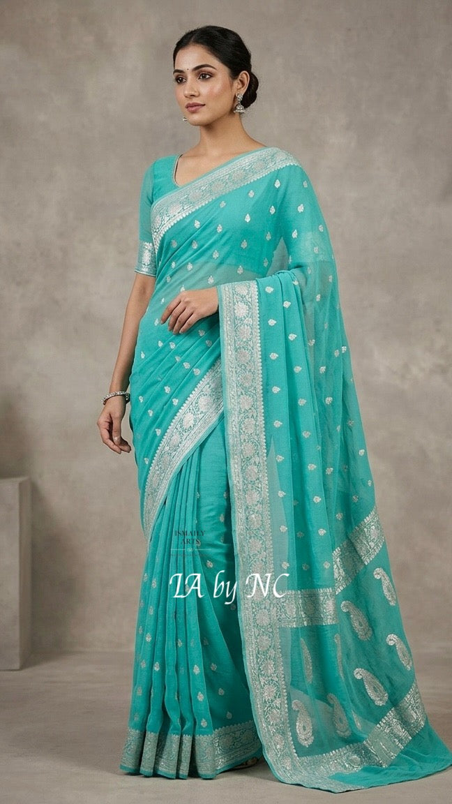 Turquoise Banarasi Pure Khaddi Georgette Kadwa Saree