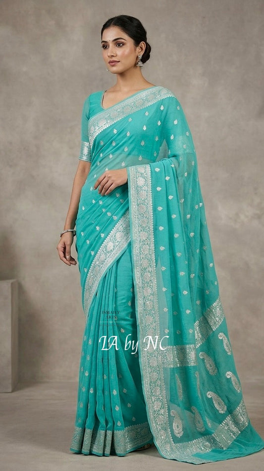 Turquoise Banarasi Pure Khaddi Georgette Kadwa Saree