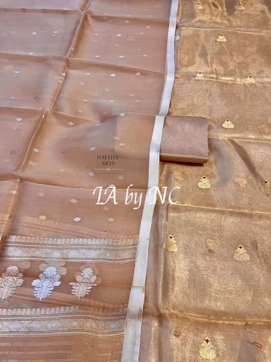 Peach Banarasi Pure Organza Tissue Kadwa Dress Materials