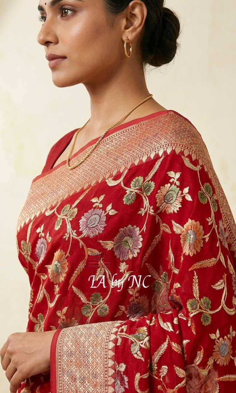 Scarlet Banarasi Pure Khaddi Georgette Saree