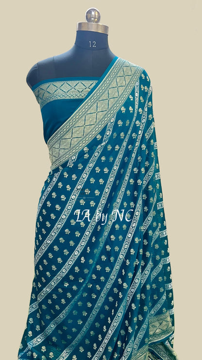 Prussian Banarasi Pure Khaddi Georgette Saree