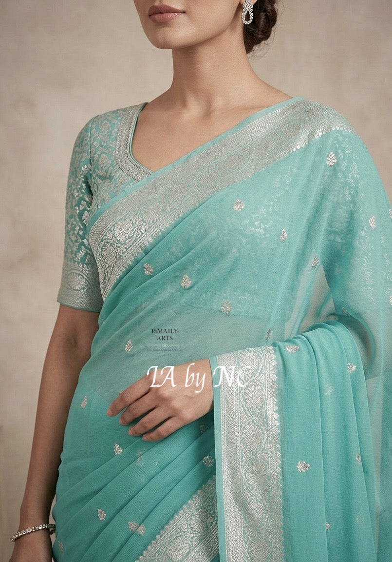 Turquoise Banarasi Pure Khaddi Georgette Kadwa Saree