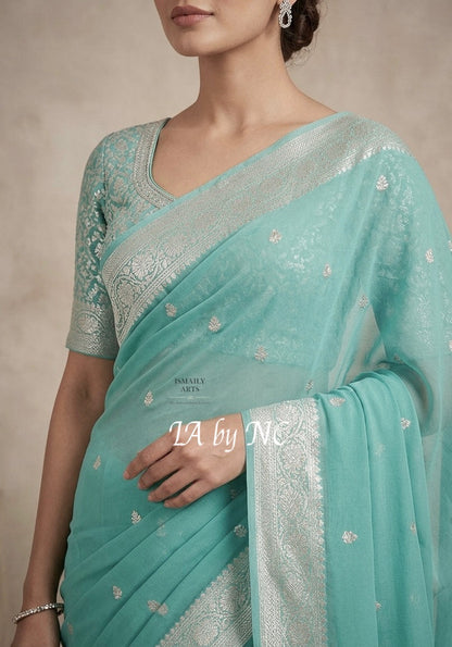 Turquoise Banarasi Pure Khaddi Georgette Kadwa Saree