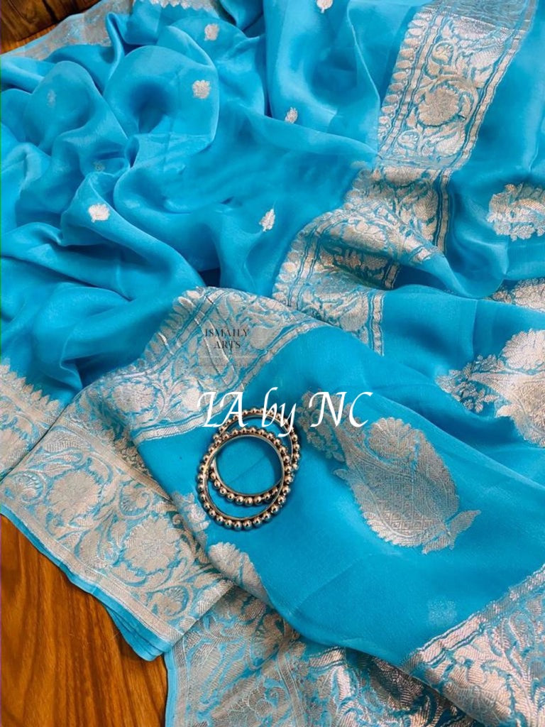 Azure Banarasi Pure Khaddi Georgette Kadwa Saree