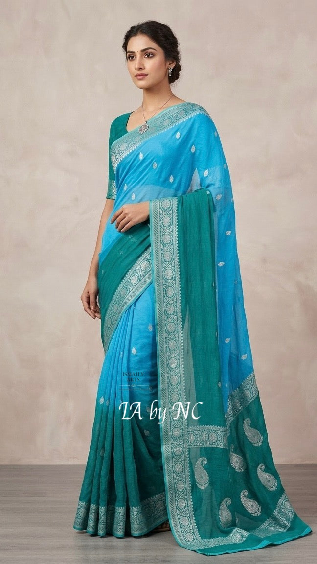 Turquoise Banarasi Pure Khaddi Georgette Kadwa Saree