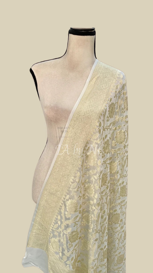 White Banarasi Pure Khaddi Georgette Dupatta