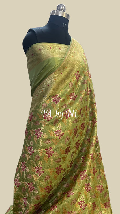 Olive Banarasi Pure Katan Silk Pattu Meenakari Saree