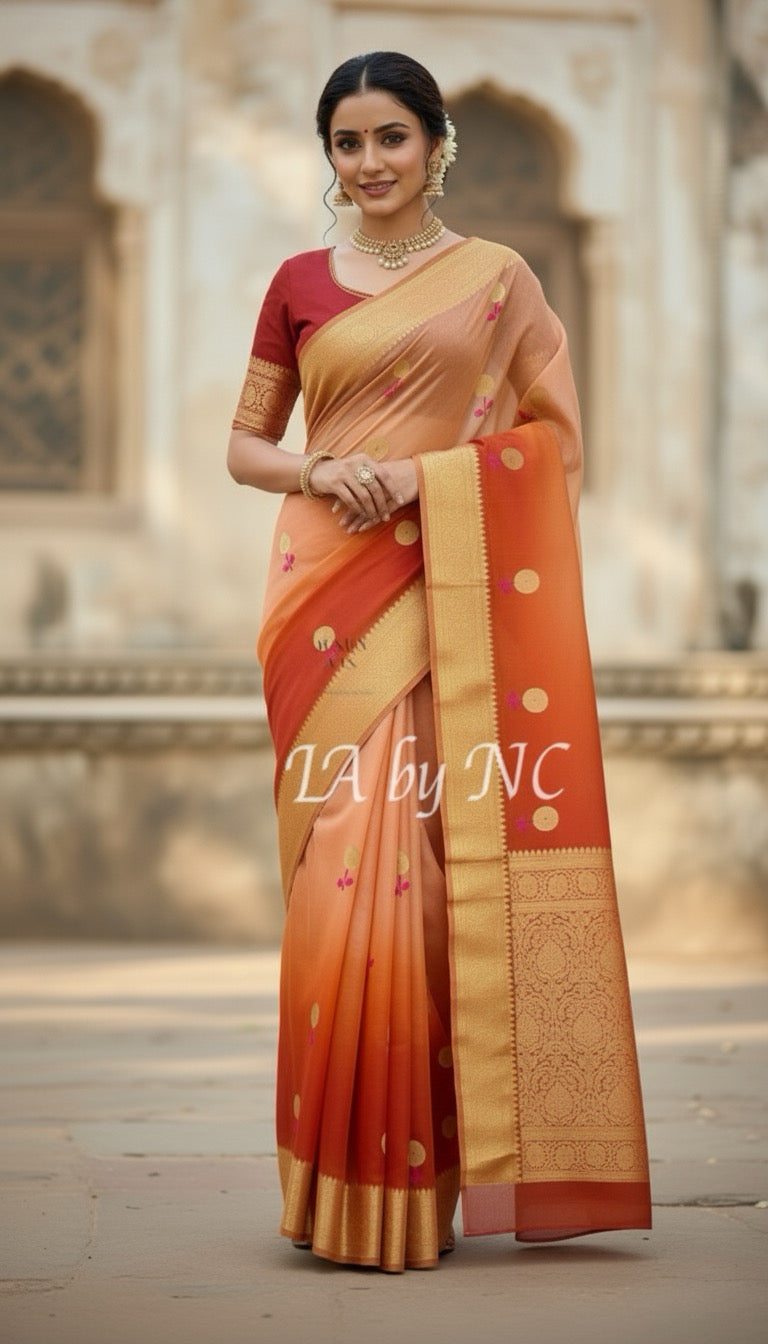 Tangerine Banarasi Pure Kora Organza Kadwa Saree