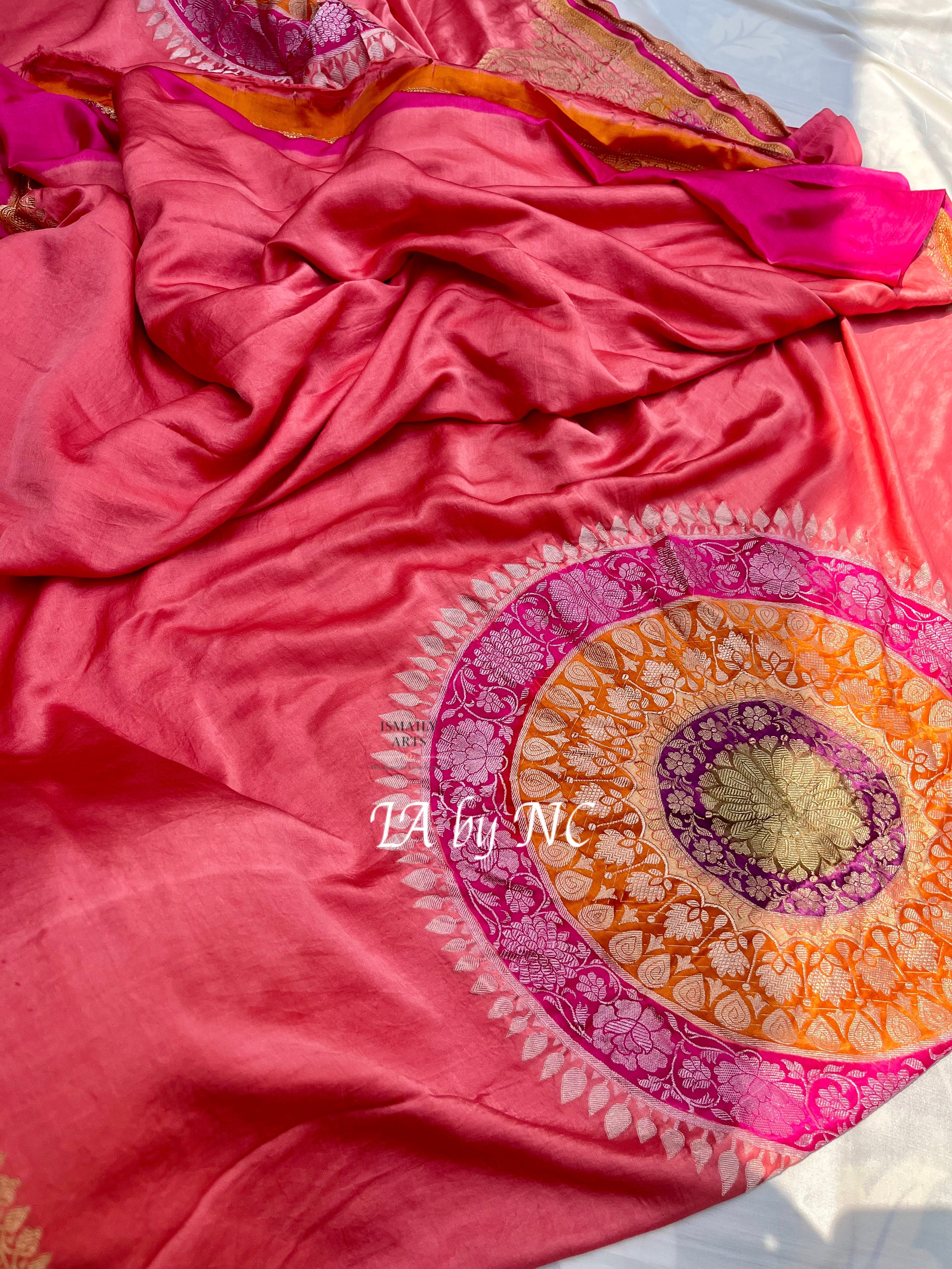 Salmon Banarasi Pure Katan Mashru Silk Saree
