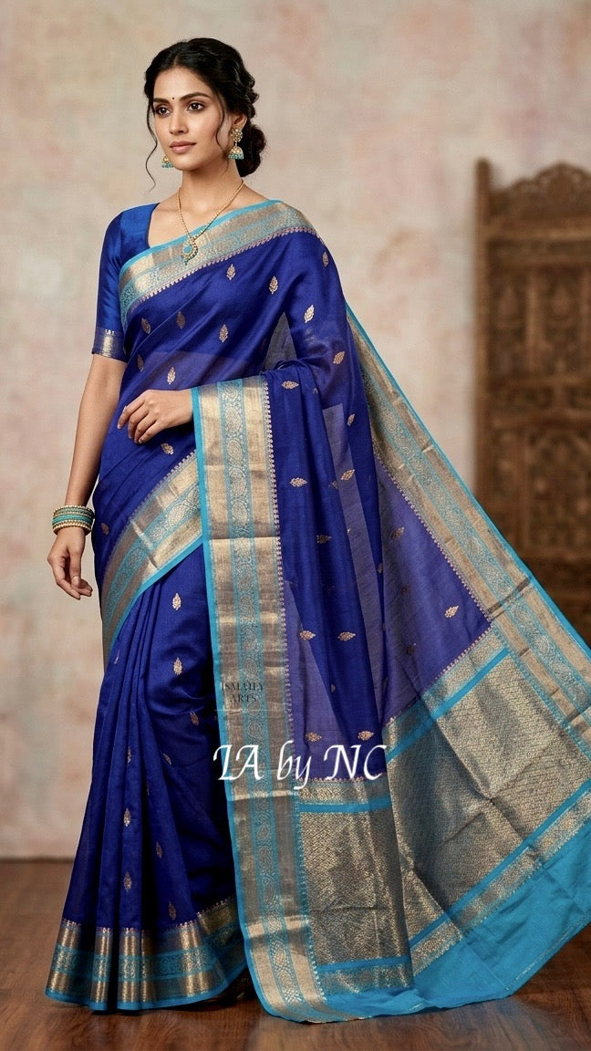 Navy Banarasi Pure Kora Organza Kadwa Saree