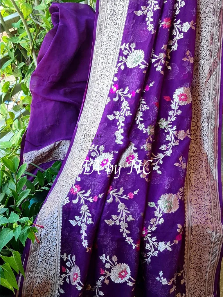 Grape Banarasi Pure Khaddi Georgette Meenakari Saree