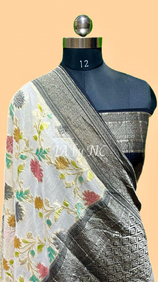 Off-white Banarasi Pure Khaddi Munga Saree