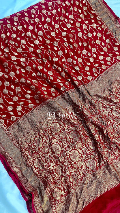 Carmine Banarasi Pure Khaddi Georgette Saree