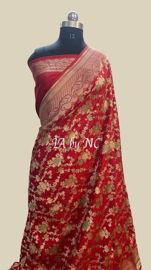 Carmine Banarasi Pure Katan Silk Pattu Meenakari Saree