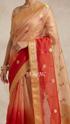Tangerine Banarasi Pure Kora Organza Kadwa Saree