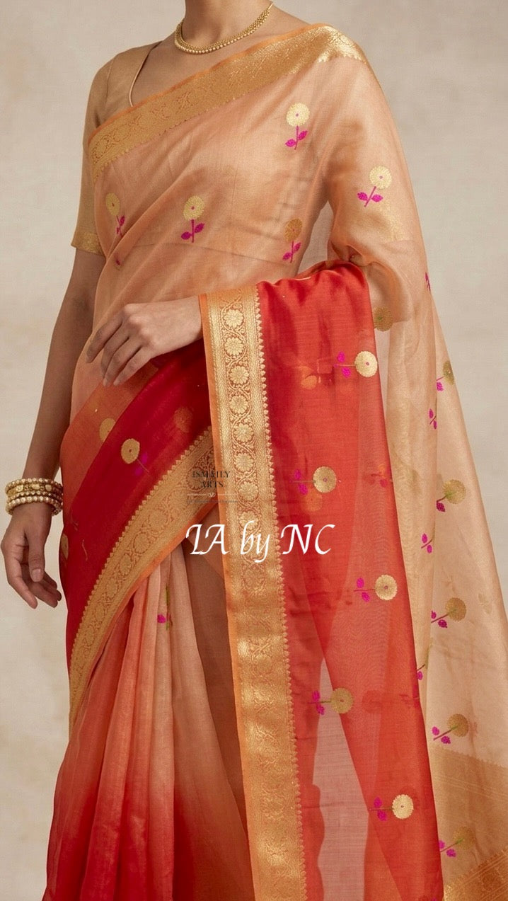 Tangerine Banarasi Pure Kora Organza Kadwa Saree