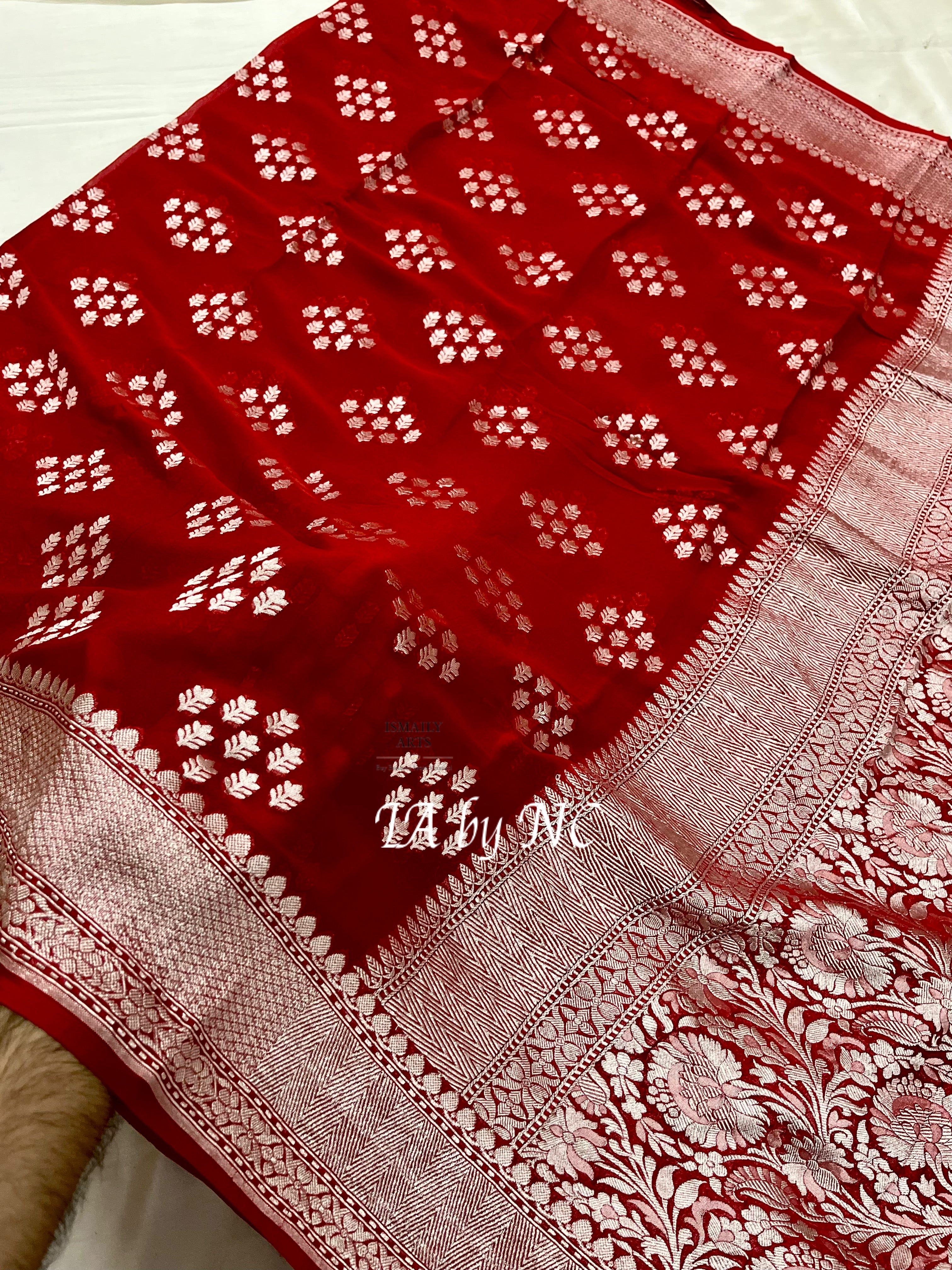 Carmine Banarasi Pure Khaddi Georgette Saree