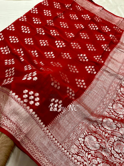 Carmine Banarasi Pure Khaddi Georgette Saree