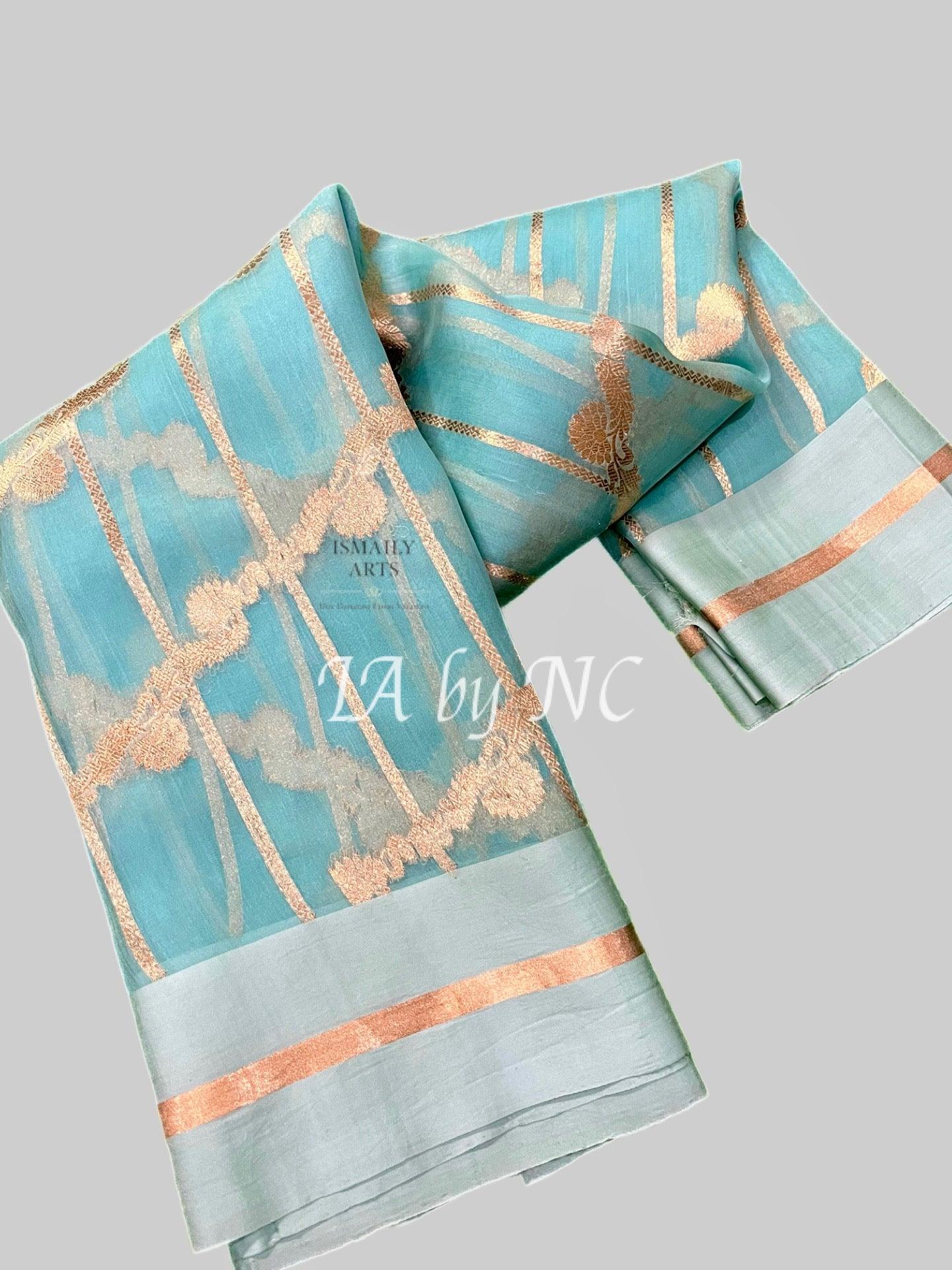 Turquoise Banarasi Pure Kora Organza Kadwa Saree