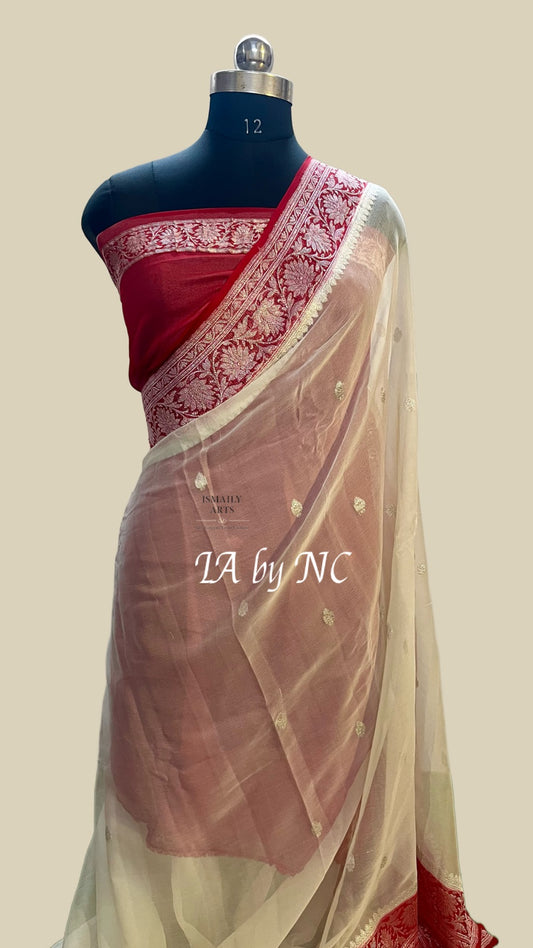 Ivory Banarasi Pure Khaddi Georgette Kadwa Saree