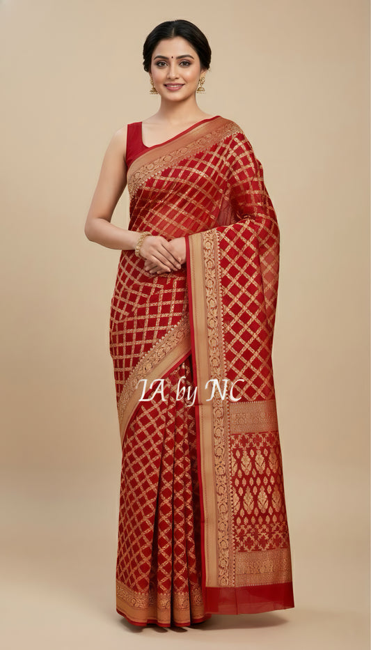 Crimson Banarasi Pure Khaddi Georgette Saree