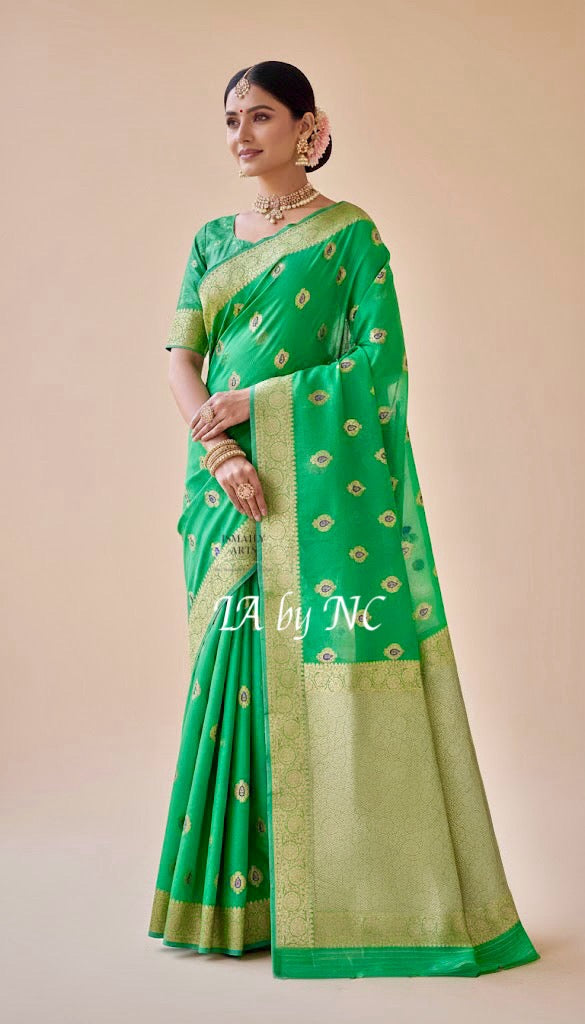 Emerald Banarasi Pure Kora Silk Kadwa Saree