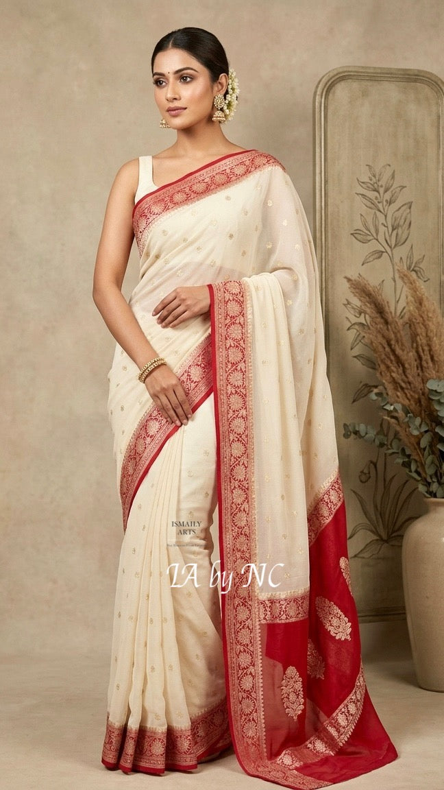 Ivory Banarasi Pure Khaddi Georgette Kadwa Saree