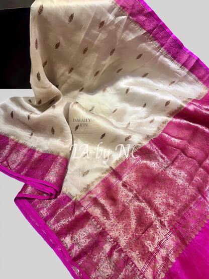 Ivory Banarasi Pure Kora Silk Kadwa Saree