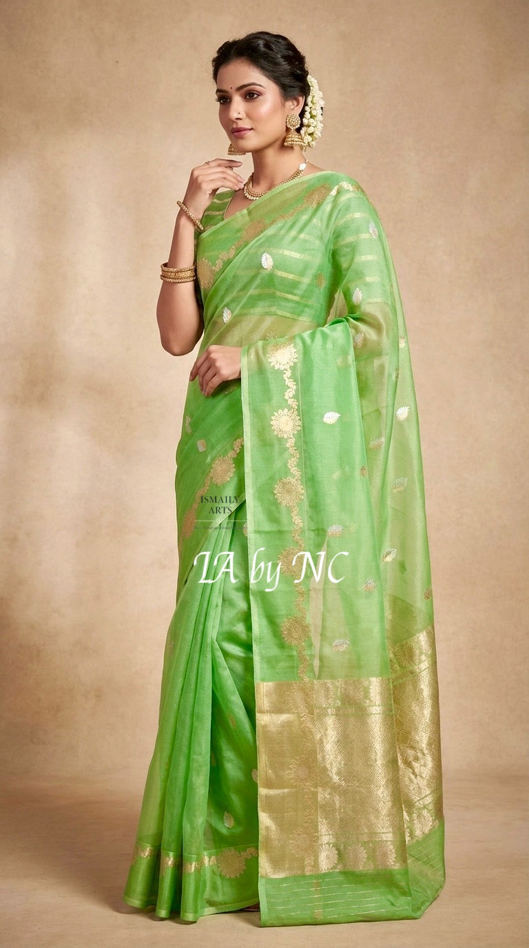 Emerald Banarasi Pure Kora Silk Kadwa Saree