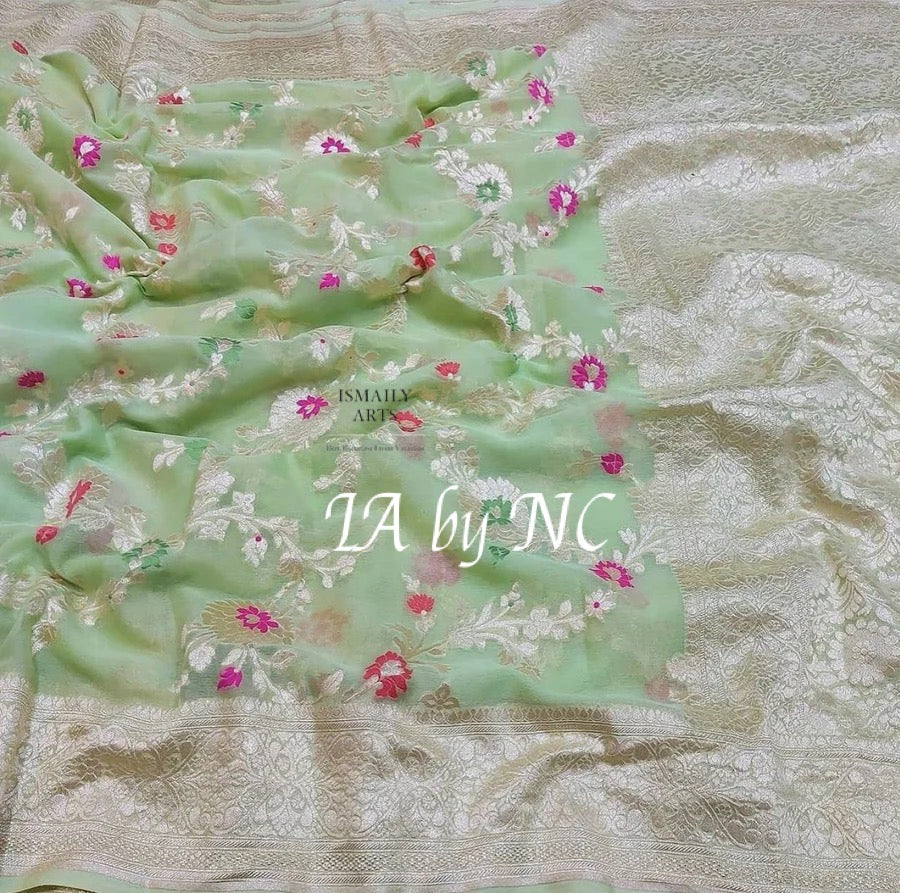 Mint Banarasi Pure Khaddi Georgette Meenakari Saree
