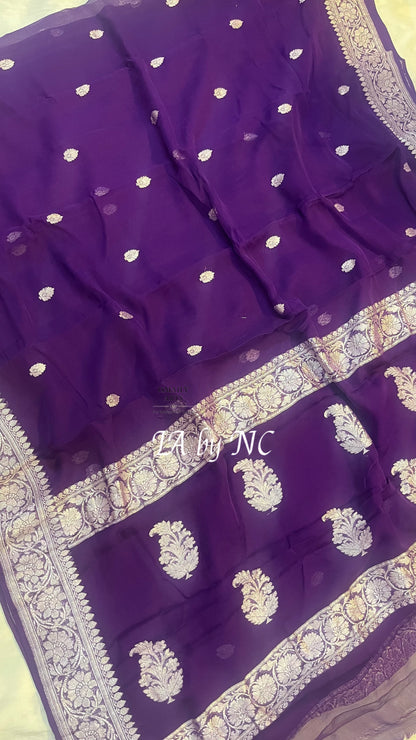 Grape Banarasi Pure Khaddi Georgette Kadwa Saree