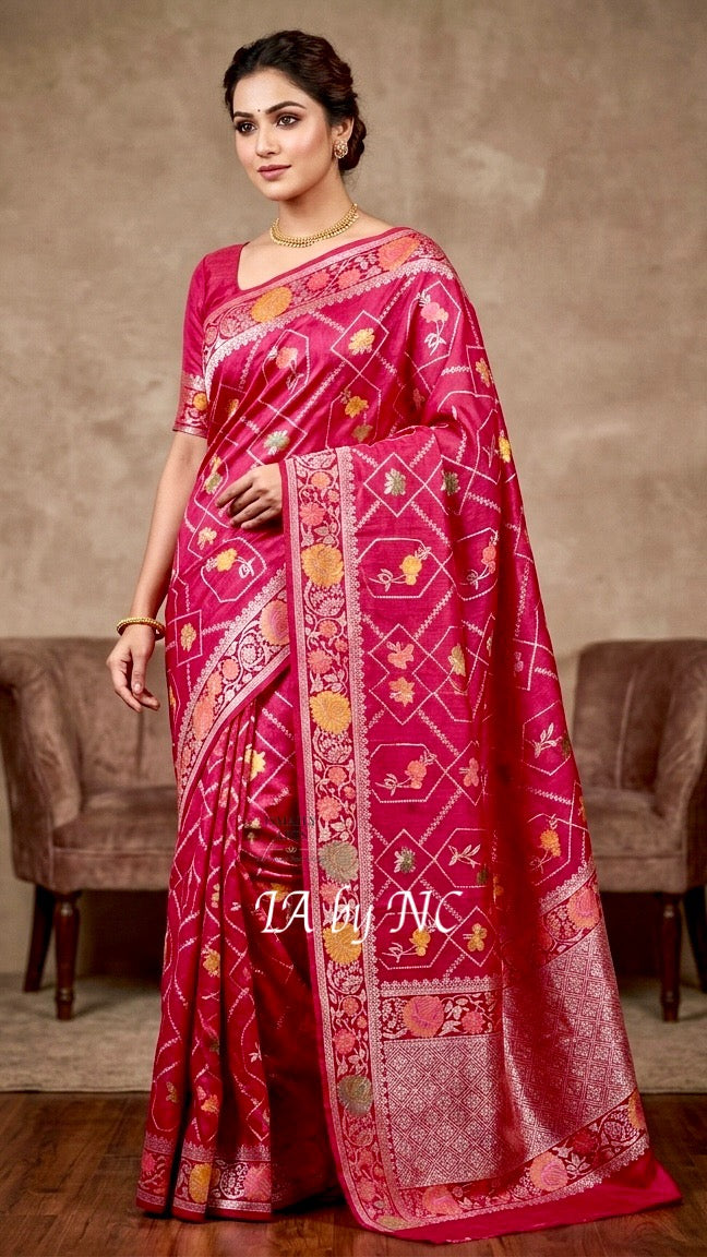Strawberry Banarasi Pure Khaddi Tussar Georgette Meenakari Saree