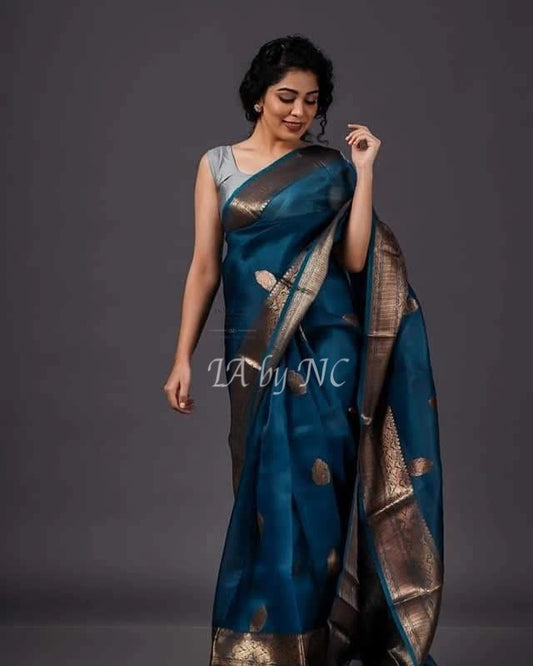 Teal Banarasi Pure Kora Silk Kadwa Saree