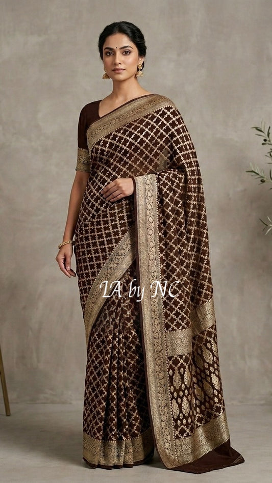 Walnut Banarasi Pure Khaddi Georgette Saree