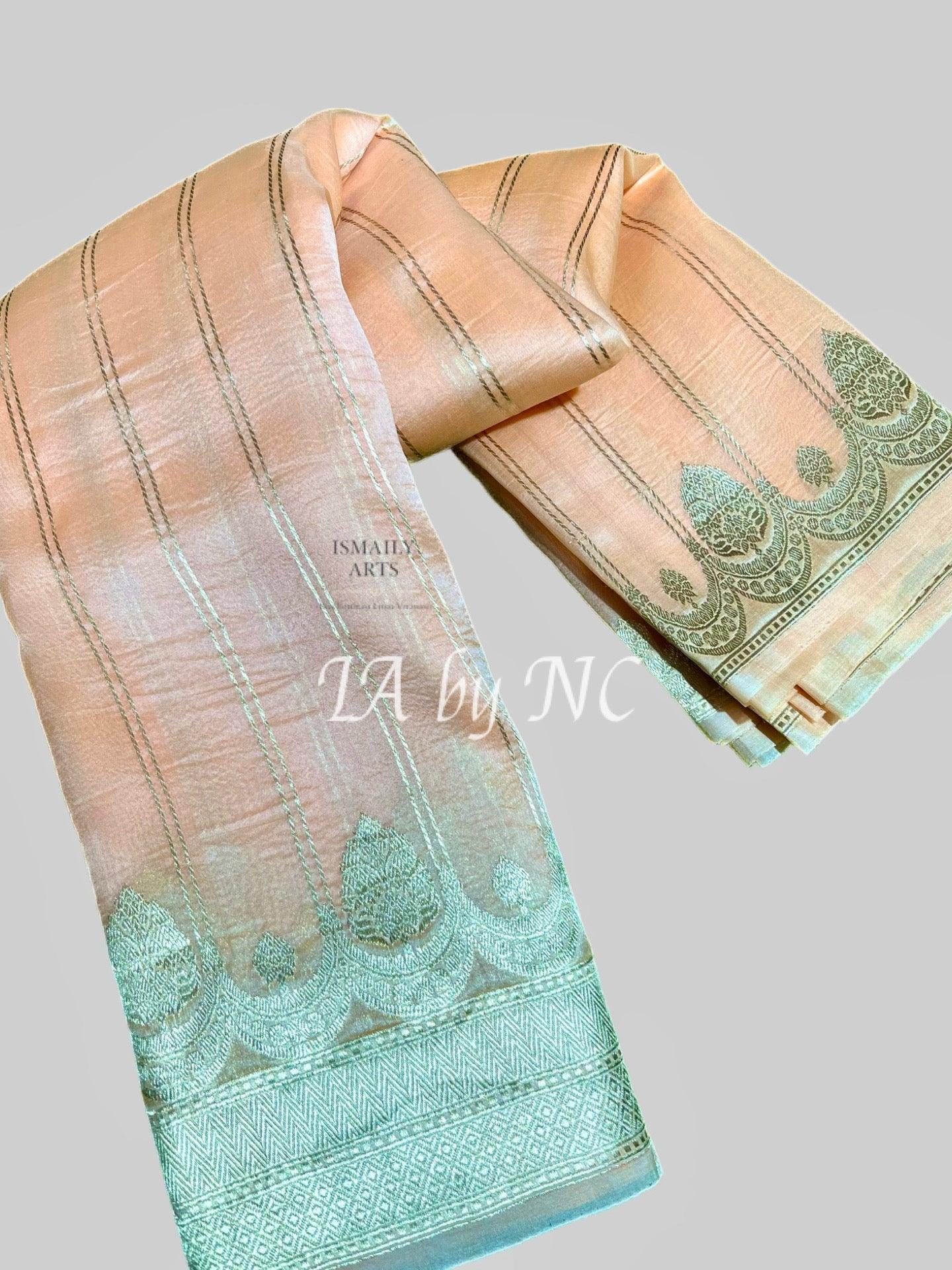 Peach Banarasi Pure Kora Organza Kadwa Saree