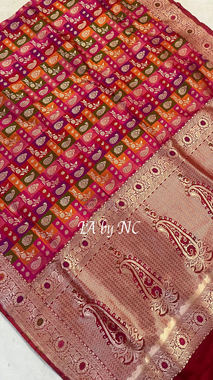 Carmine Banarasi Pure Katan Silk Tilfi Meenakari Rangkat Saree