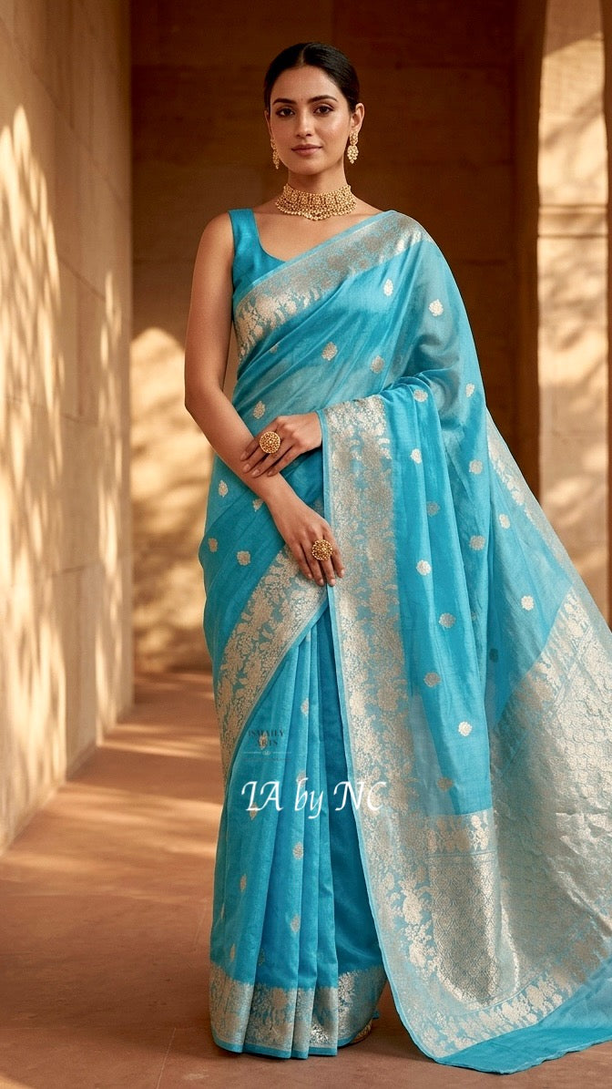 Turquoise Banarasi Pure Kora Silk Kadwa Saree