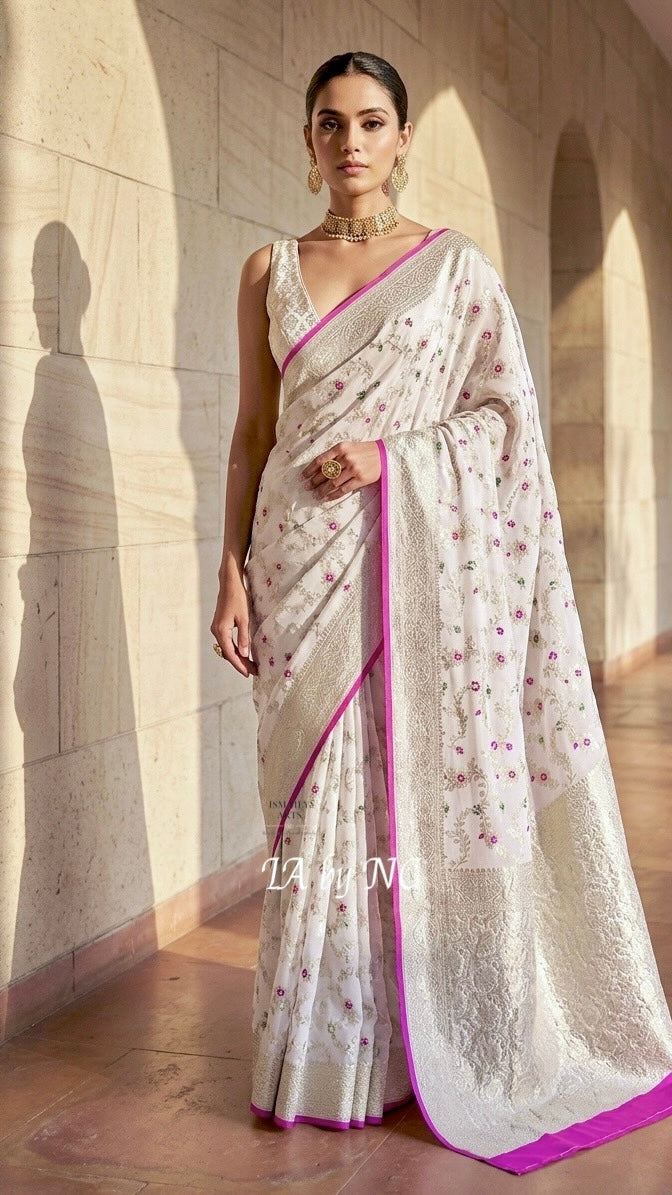 White Banarasi Pure Khaddi Georgette Meenakari Saree