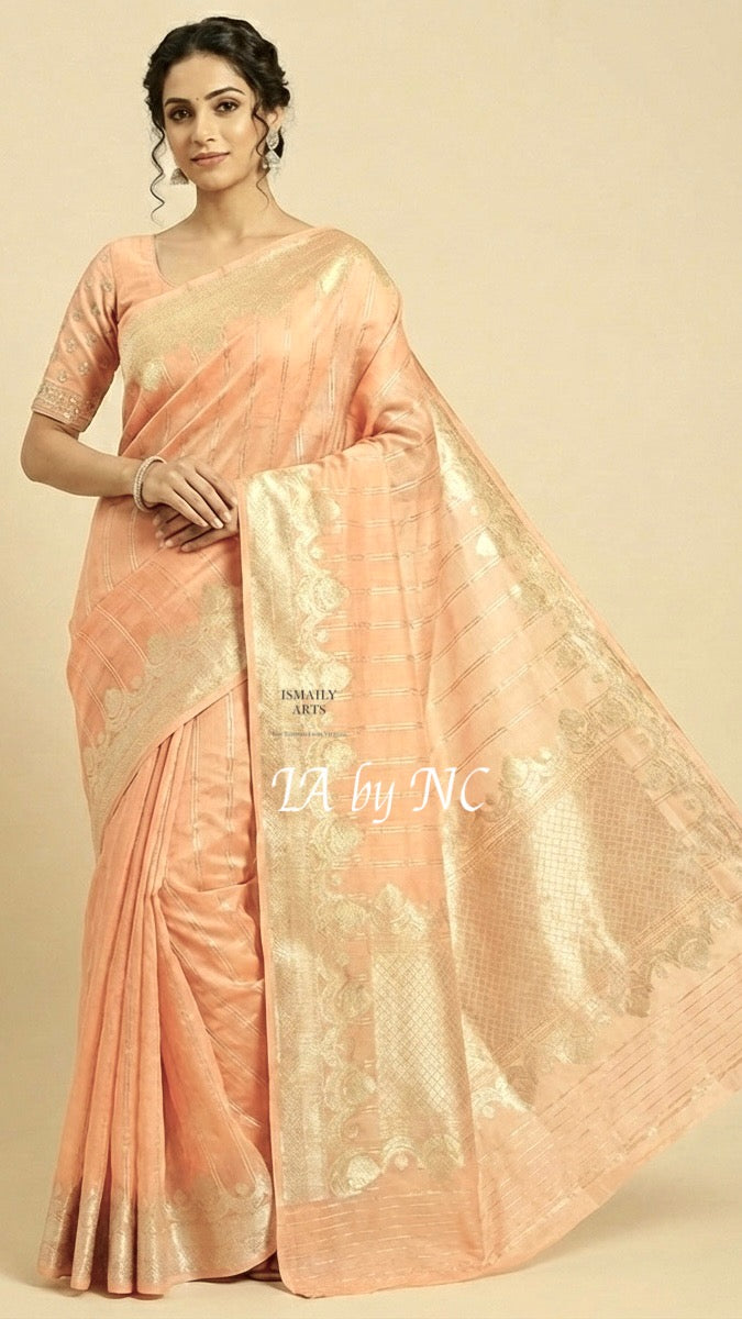 Peach Banarasi Pure Kora Organza Kadwa Saree