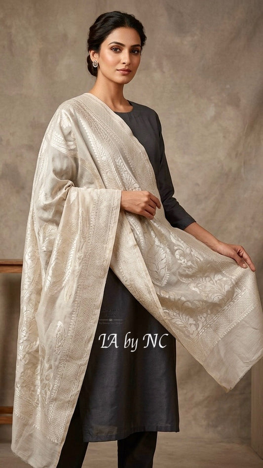 Beige Banarasi Pure Munga Silk Dupatta