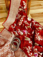 Carmine Banarasi Pure Khaddi Georgette Meenakari Saree